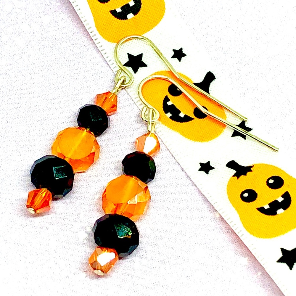 Halloween AB Orange and Opaque Black Crystal Multi Shape Beaded Dangle Earrings